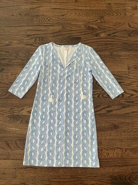 Blue & White Patterned Tunic Dress with Tassel Tie